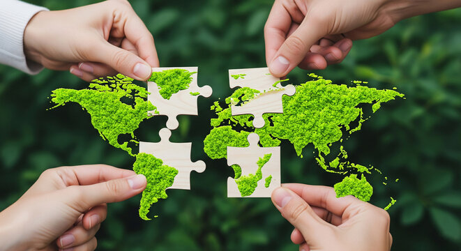 Green moss world map puzzle pieces being assembled by hands, symbolizing global collaboration for environmental conservation and sustainability
