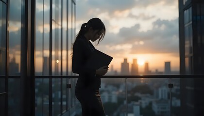 Fototapeta premium Business woman silhouette with city skyline at sunset corporate professional career success