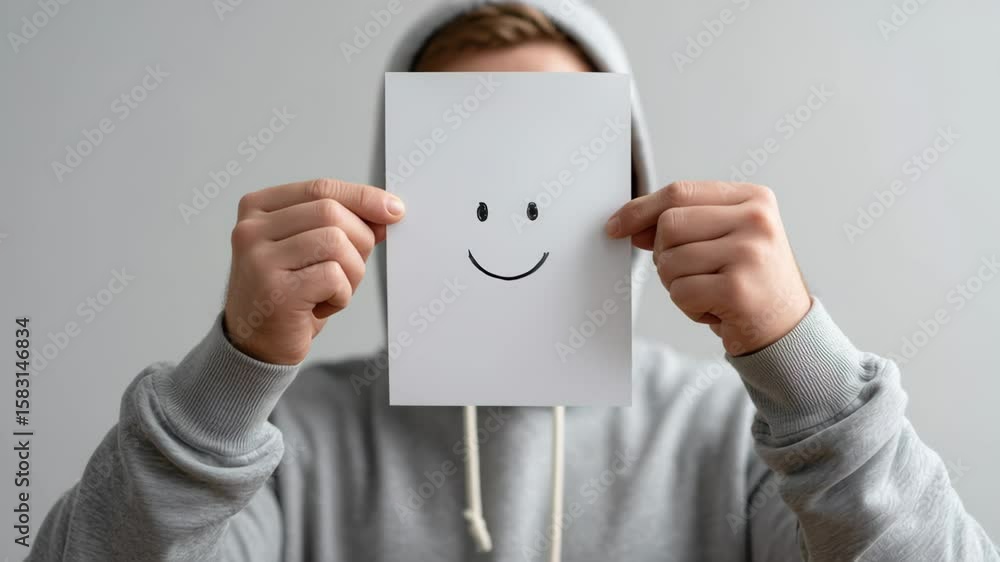 Poster individual wearing gray hoodie holds up a blank sheet of paper with a simple smiley face drawn on it