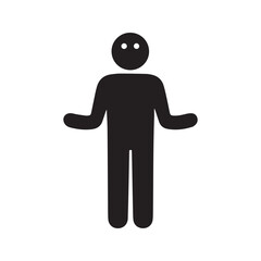 Shrugging stick figure icon, pictogram of person with 'I don't know' gesture, representing confusion or uncertainty.