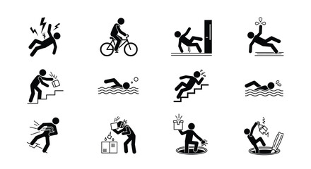 Collection of hazard and safety warning pictograms depicting various accidents and dangers
