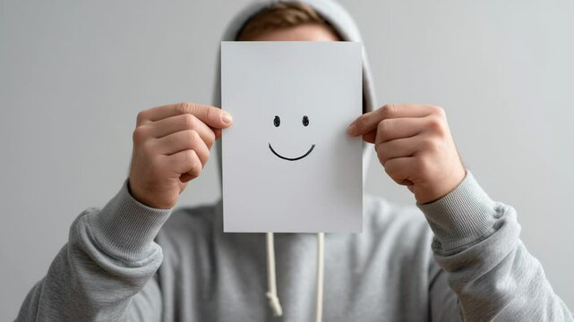 Individual wearing gray hoodie holds up a blank sheet of paper with a simple smiley face drawn on it, conveying a sense of positivity and emotional expression in a minimalistic setting