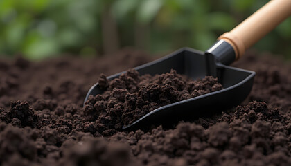 Shovel Dug into Loose Soil: A shovel inserted into rich, loose soil, symbolizing gardening or digging work.

