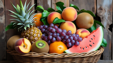 Pineapple peaches grapes kiwi orange watermelon basket image