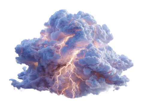 Lightning strikes dramatic cloud formation nature scene cloudscape. Isolated on transparent background, png.