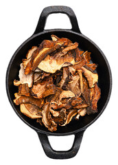 Dried wild forest mushrooms mix with chanterelles and porcini in a black skillet, organic dehydrated gourmet fungi with rich textures and warm earthy tones, isolated on transparent background