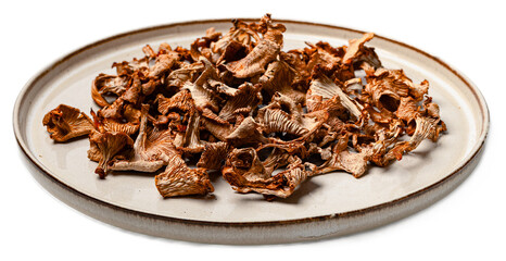 Dried wild forest mushrooms mix of chanterelles and porcini on white ceramic plate isolated on transparent background