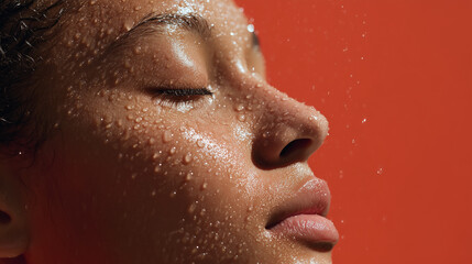Close up face water droplets fresh skin natural beauty skincare hydration healthy glow peaceful expression