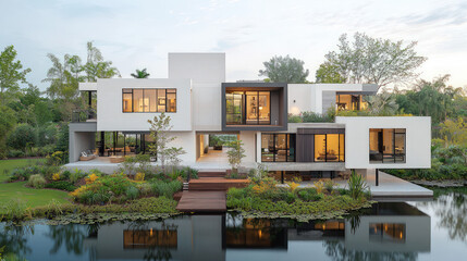 Modern, multi-level house with white and black exterior, situated on a pond. Lush landscaping surrounds the structure