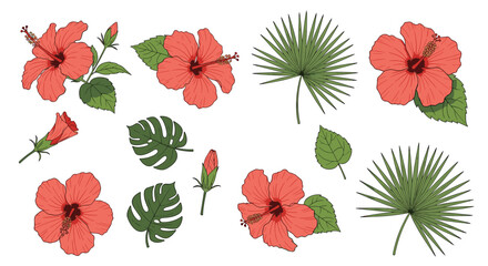Fototapeta premium Vibrant tropical hibiscus flowers and palm leaves in a beautiful floral arrangement
