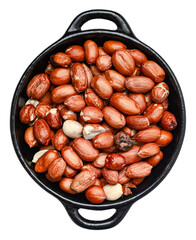 Raw unsalted redskinned peanuts in a black bowl on transparent background, natural organic snack...