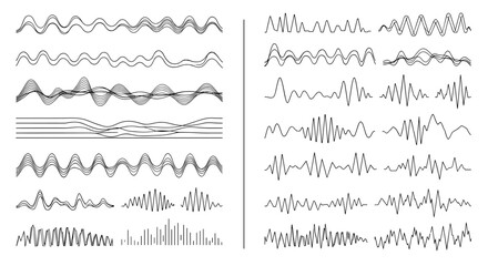 Collection of abstract soundwave visualizations showing various frequency and amplitude patterns