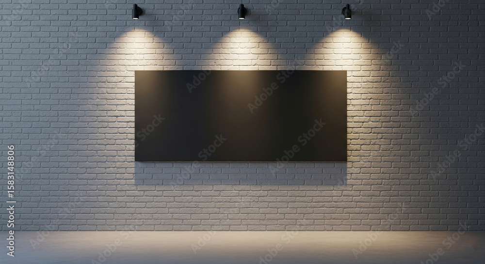 Poster dark rectangular frame on a white brick wall, illuminated by spotlights. showcase for advertisement 