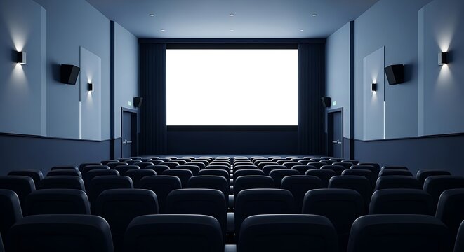 Empty modern movie theater with blank screen and comfortable seating design