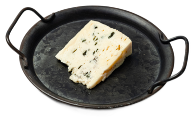 Aged blue cheese wedge with moldy veins on a dark round slate served on a rustic black plate, showcasing rich textures and complex flavors with hearty, crumbly appeal