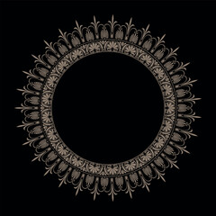 Gold round frame with greek floral meanders. Vector pattern with arabesques, floral elements. Traditional classic ornament. Vintage vector frame. Pattern frame for round surfaces, textiles, embroidery