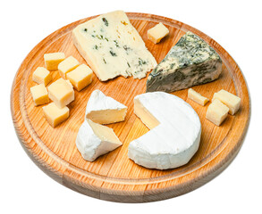 Rustic cheese platter with assorted gourmet cheeses including brie, blue mold cheese, parmesan cubes, and camembert on wooden serving board, inviting and elegant