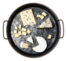 Assorted gourmet cheese platter featuring parmesan, blue mold cheese, camembert, and aged cheeses...