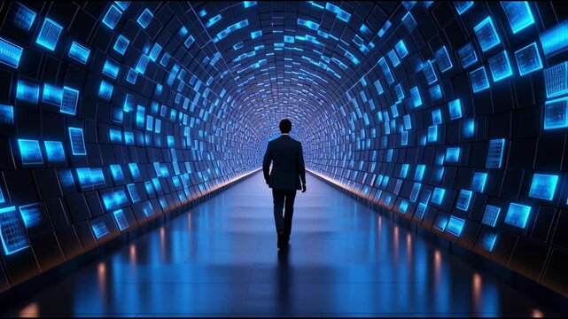Futuristic Tunnel Exploration Person Walking Through Blue Digital Screens, Embracing Technology and Innovation in Journey of Advancement and Discovery
