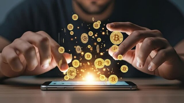 mobile phone with Stunning gold crypto coin (Bitcoin) in a sleek futuristic tech environment. Ideal for fintech, web3, and metaverse content - Powered by Adobe