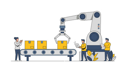 Automated robotic arm assembly line with workers supervising production process in a modern factory environment
