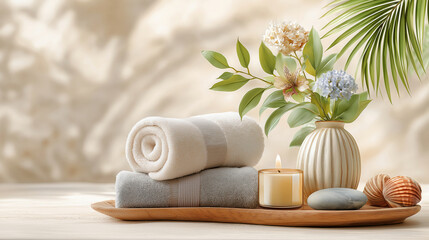 Tropical spa scene for relaxing and massage with towels, candle and flowers, Skincare background with copy space