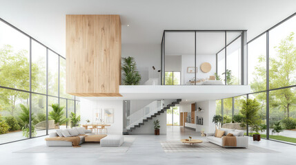 Modern, open-plan home with large windows, showcasing a minimalist, light-filled interior design, featuring wooden accents and ample greenery