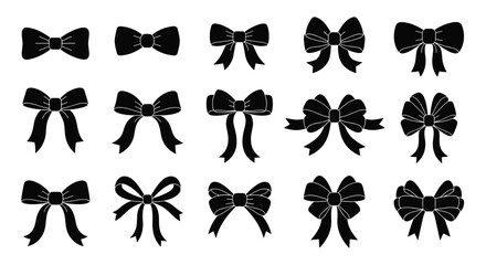 Collection of black textured bows decorative elements for design and crafts