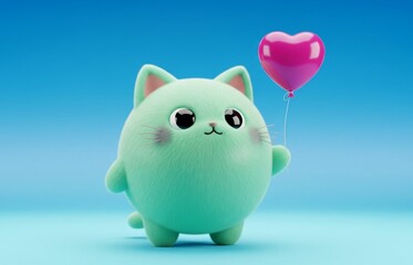 Adorable aqua kitten character with heart shaped balloon on a pastel blue backdrop exudes charm and cuteness.
