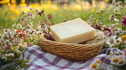 natural soap bar in rattan basket on checkered linen, surrounded by field flowers and cottage decor.