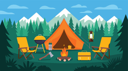 Naklejka premium Camping Adventure, Outdoor Gear, Forest Setting, Vector Illustration, Relaxing Environment, Scenic View