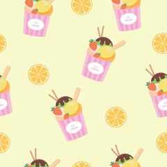 Cartoon seamless pattern with colorful ice creams in a cup and  oranges slices. Summer Frozen Desserts in Flat Vector Style. Summer background.