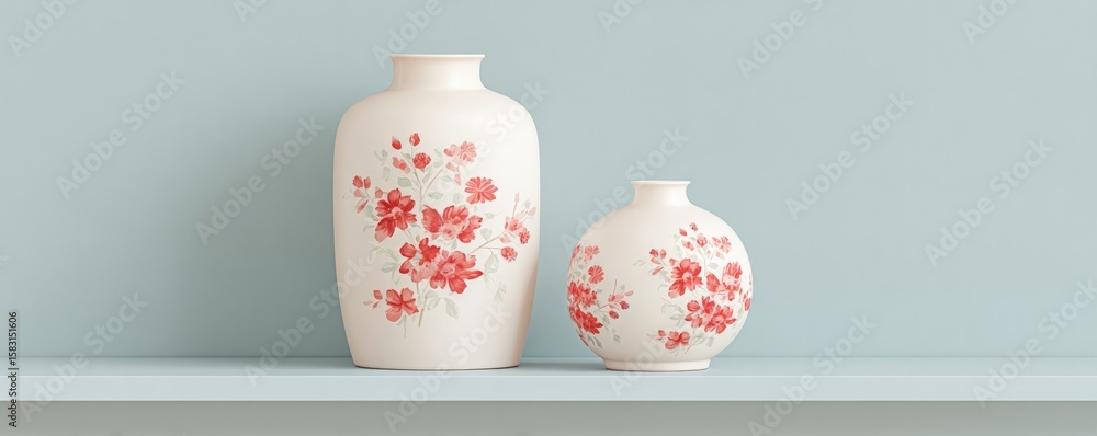 Poster set of matching decorative porcelain on floating shelf