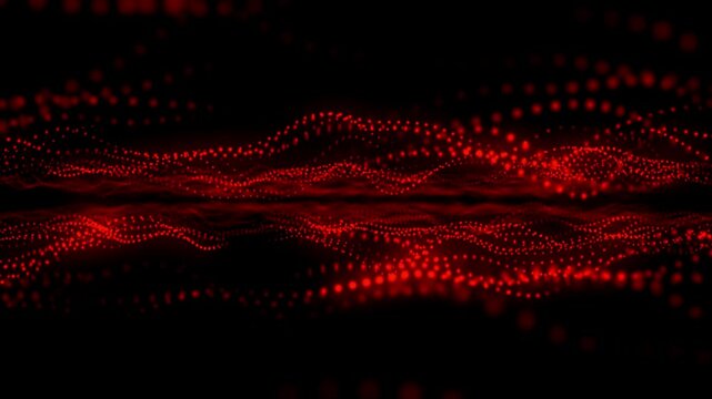 Abstract red glowing dots form wave-like patterns.