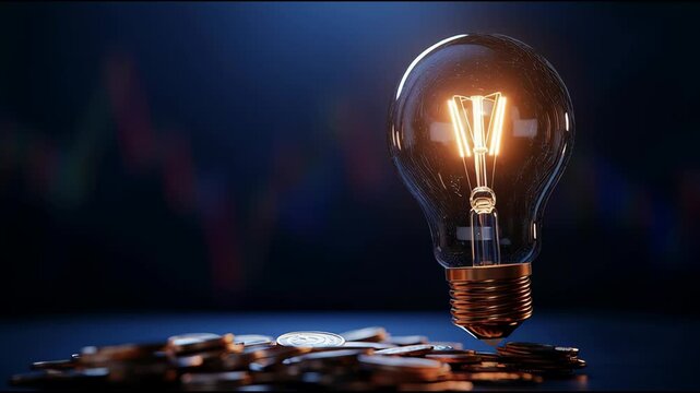 Glowing Light Bulb on Coins Financial Innovation and Creativity in Economy with Warm Glow on Dark Background