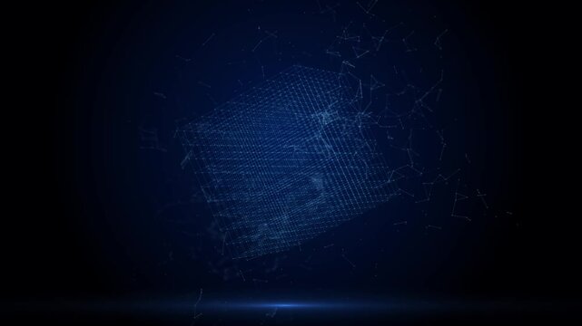 3D glowing digital wireframe cube floating in dark space with surrounding network particles. Perfect for illustrating abstract data visualization, AI architecture, blockchain systems. loop