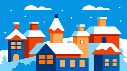 Charming Cartoon Snowy Village Rooftops Under Winter Sky