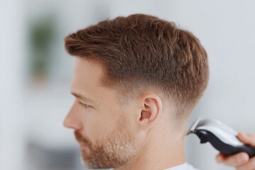 side view of barber using electric clippers to fade sideburn on male client