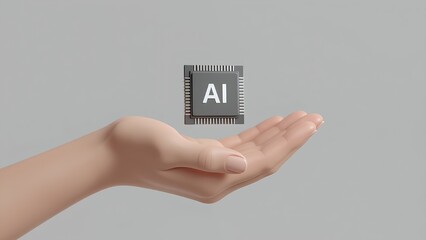 A 3D rendered hand presents a floating AI processor chip above its palm. This conceptual image symbolizes the offering of artificial intelligence, future technology, innovation, and hu