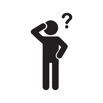 Thinking person icon, confused stick figure scratching head with question mark, symbolizing a problem or doubt.