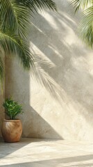 Fototapeta premium A small potted plant sits on a light stone floor against a textured beige wall, with palm frond shadows creating a tropical and serene ambiance.