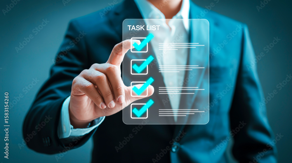 Poster businessman checking off tasks on digital list image