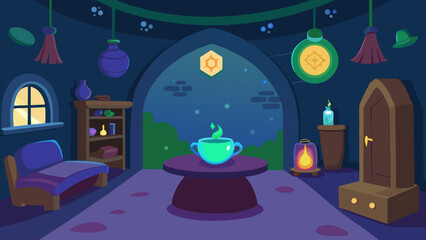 Cozy Cartoon Wizard Room with Mystical Glowing Orbs