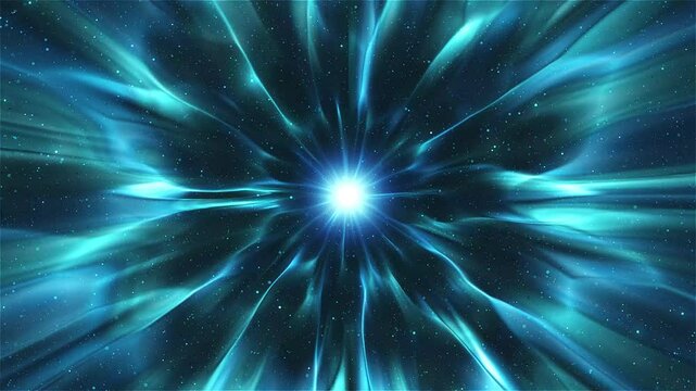 Lines, textures, and particles of blue, light blue, and turquoise color, resembling jets or streams of energy, emerge from the center and spread throughout the video.