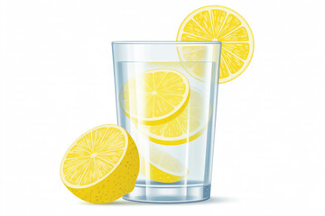 A refreshing glass of lemon water with lemon slices, isolated on white background, promoting health and hydration