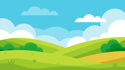 Fototapeta premium Wide Open Cartoon Grassland Featuring Hills and Clouds