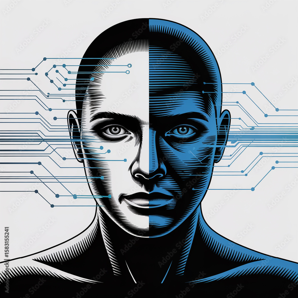 Poster a futuristic human face merges with digital circuits, representing artificial intelligence and techn
