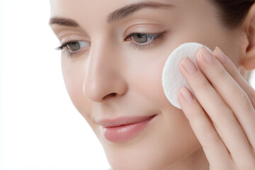 Close up woman applying toner cotton pad skincare beauty face clean fresh skin gentle care natural makeup removal soft smooth healthy glow