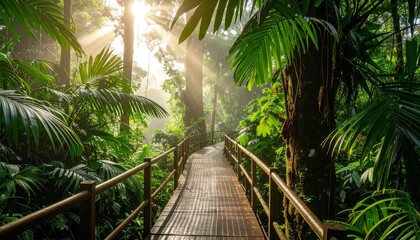 Fototapeta premium Walking on Forest Path with Sunlight Streaming Through Trees