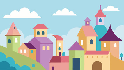 Charming cartoon town with whimsical rooftops and soft pastel colors